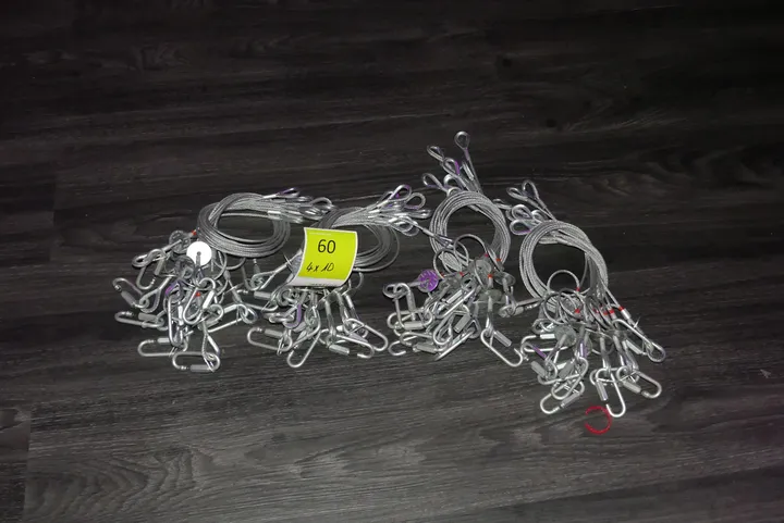 Sicherheitsfangseile/Sicherungsseile mit Karabinerhaken (4x je 10 Stück) je 3mm Ø, 60 cm Lang, 20kg Traglast